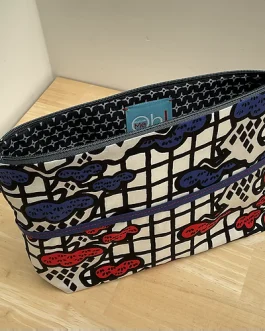 Pochette fond plat motifs arbres japonais graphiques / bleu blanc noir rouge