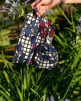 Pochette fond plat motifs arbres japonais graphiques / bleu blanc noir rouge