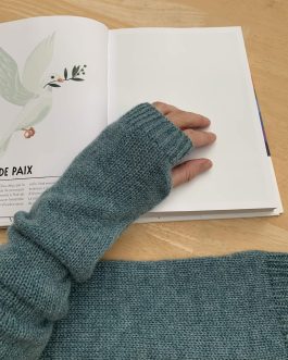 Mitaines longues pur cachemire bleu céleste chiné