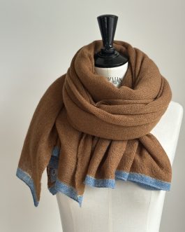 Echarpe cachemire et lin caramel / lurex or / bleu azur