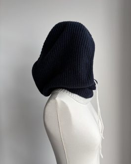 Balaclava capuche / cagoule pur cachemire côtes bicolore marine chiné anthracite / blanc glacier