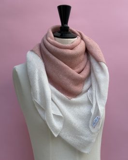 Foulard écharpe carré double cachemire et lin blanc / rose indien / lurex or rose