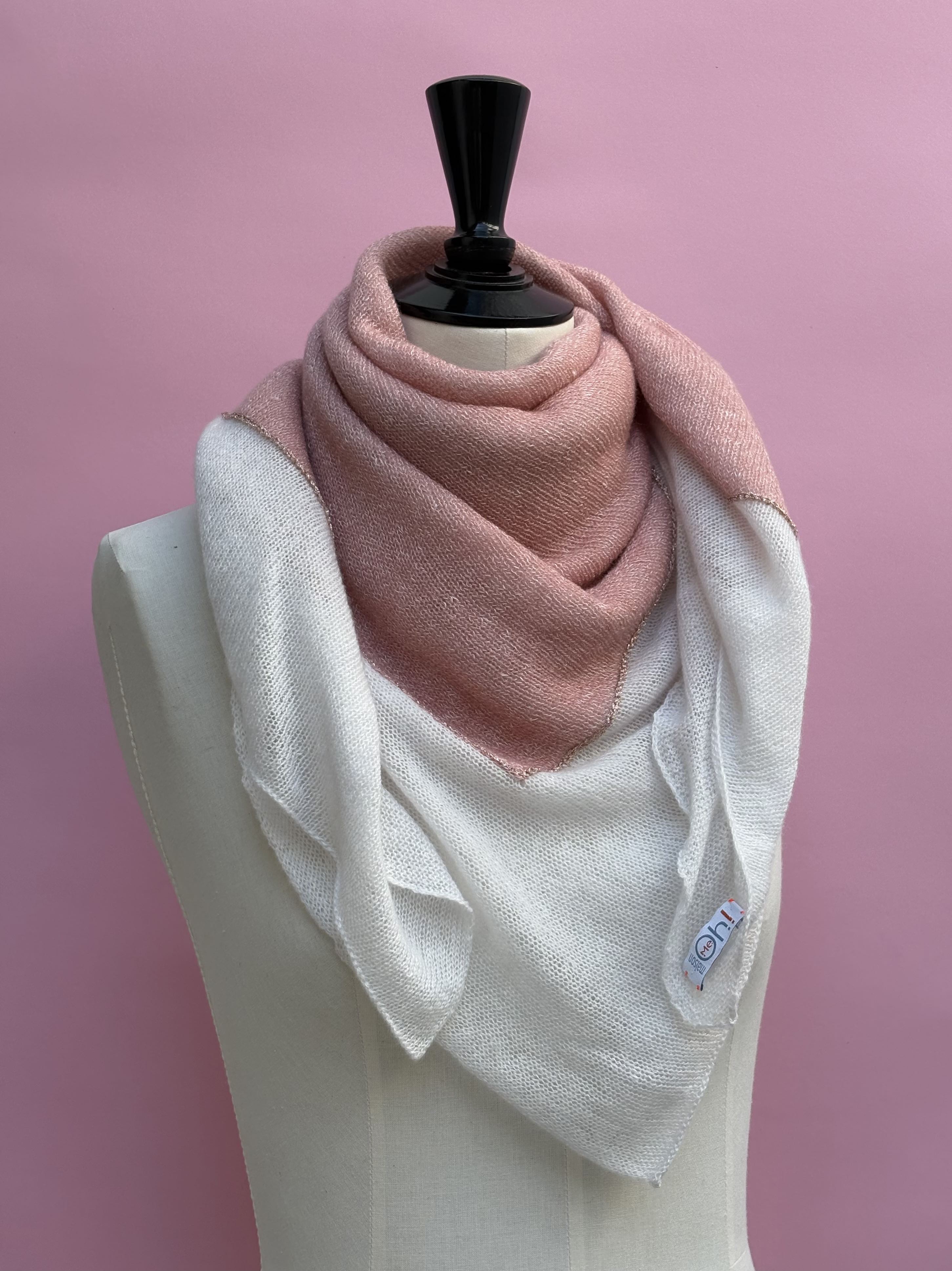Maison Me Oh! : foulard écharpe carré double cachemire et lin blanc / rose indien / lurex or rose - Fabriqué artisanalement en France (Cévennes) - 58% cachemire 42% lin