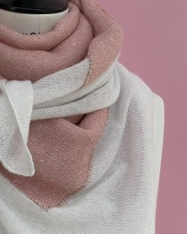 Foulard écharpe carré double cachemire et lin blanc / rose indien / lurex or rose
