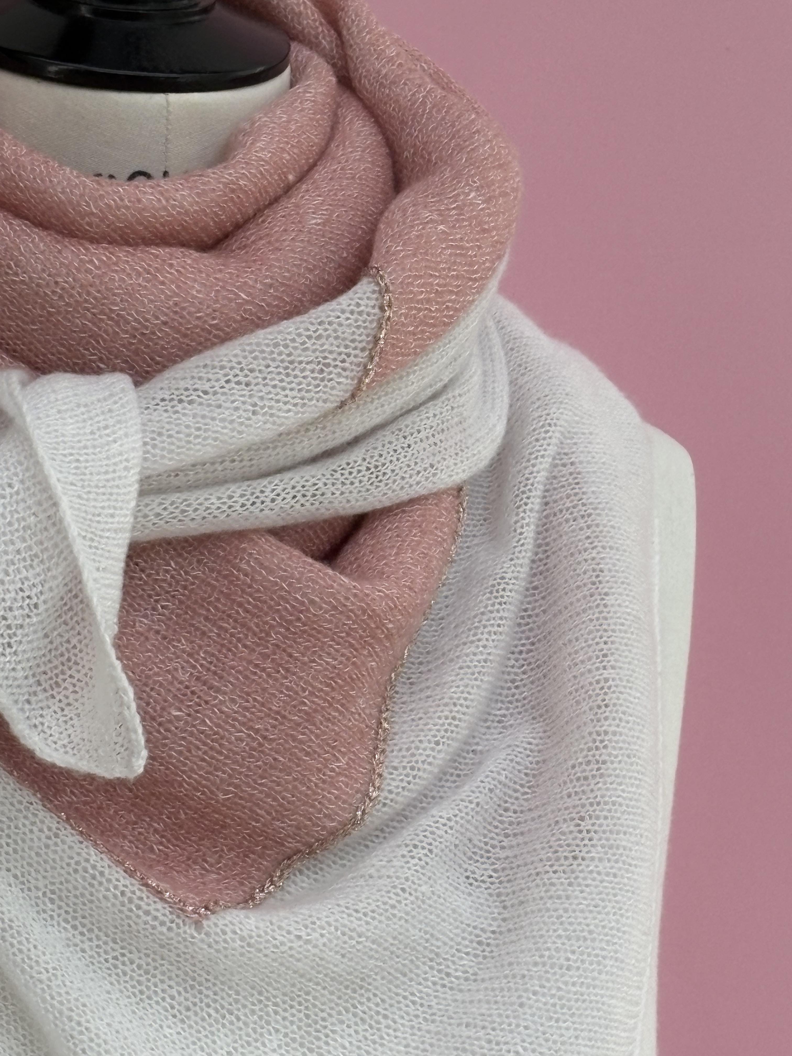 Maison Me Oh! : foulard carré cachemire et lin blanc / rose indien / lurex or rose - Fabriqué artisanalement en France (Cévennes) - 58% cachemire 42% lin