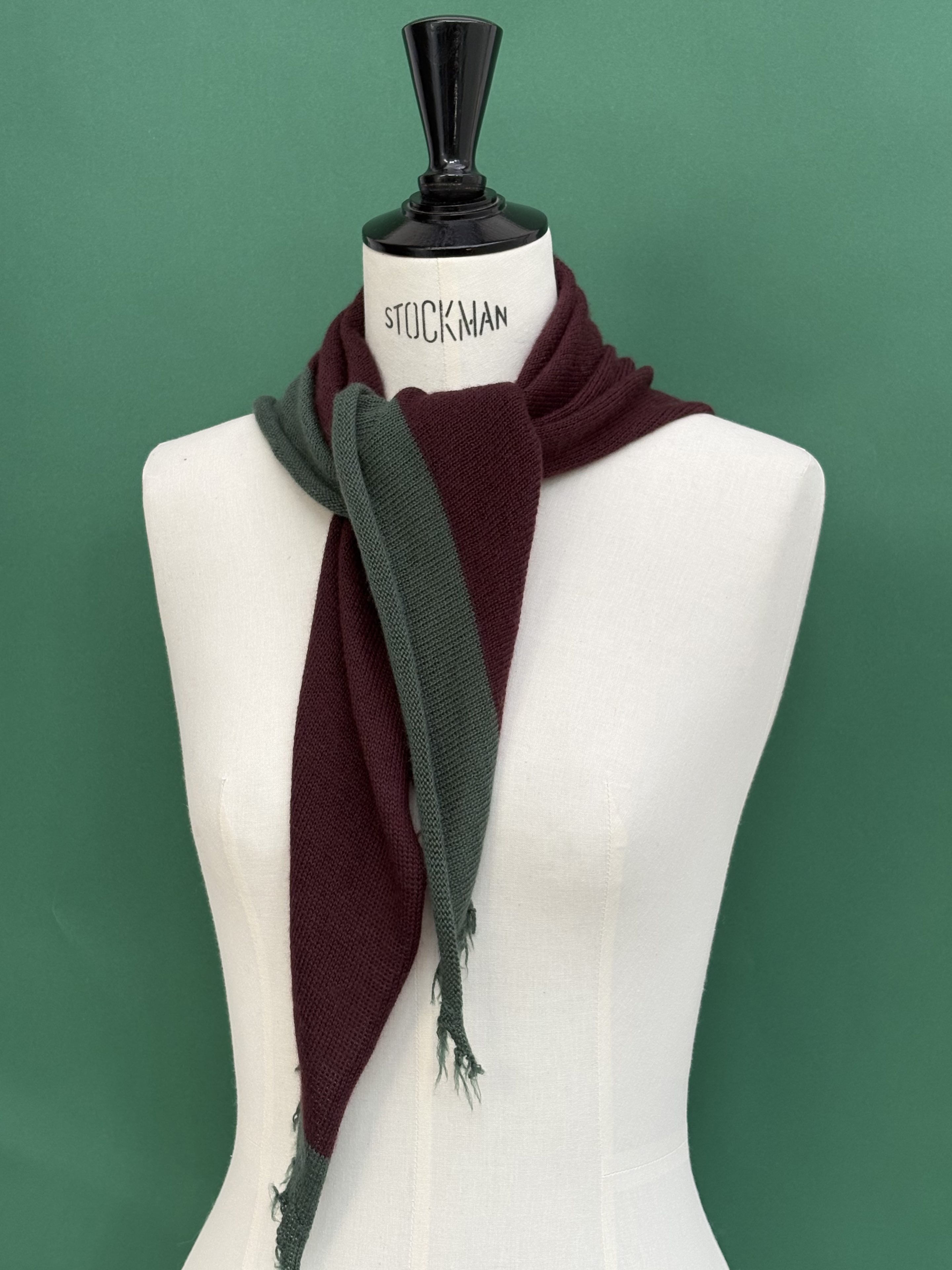 Foulard écharpe cachemire peigné bordeaux prune / vert mousse – Image 3