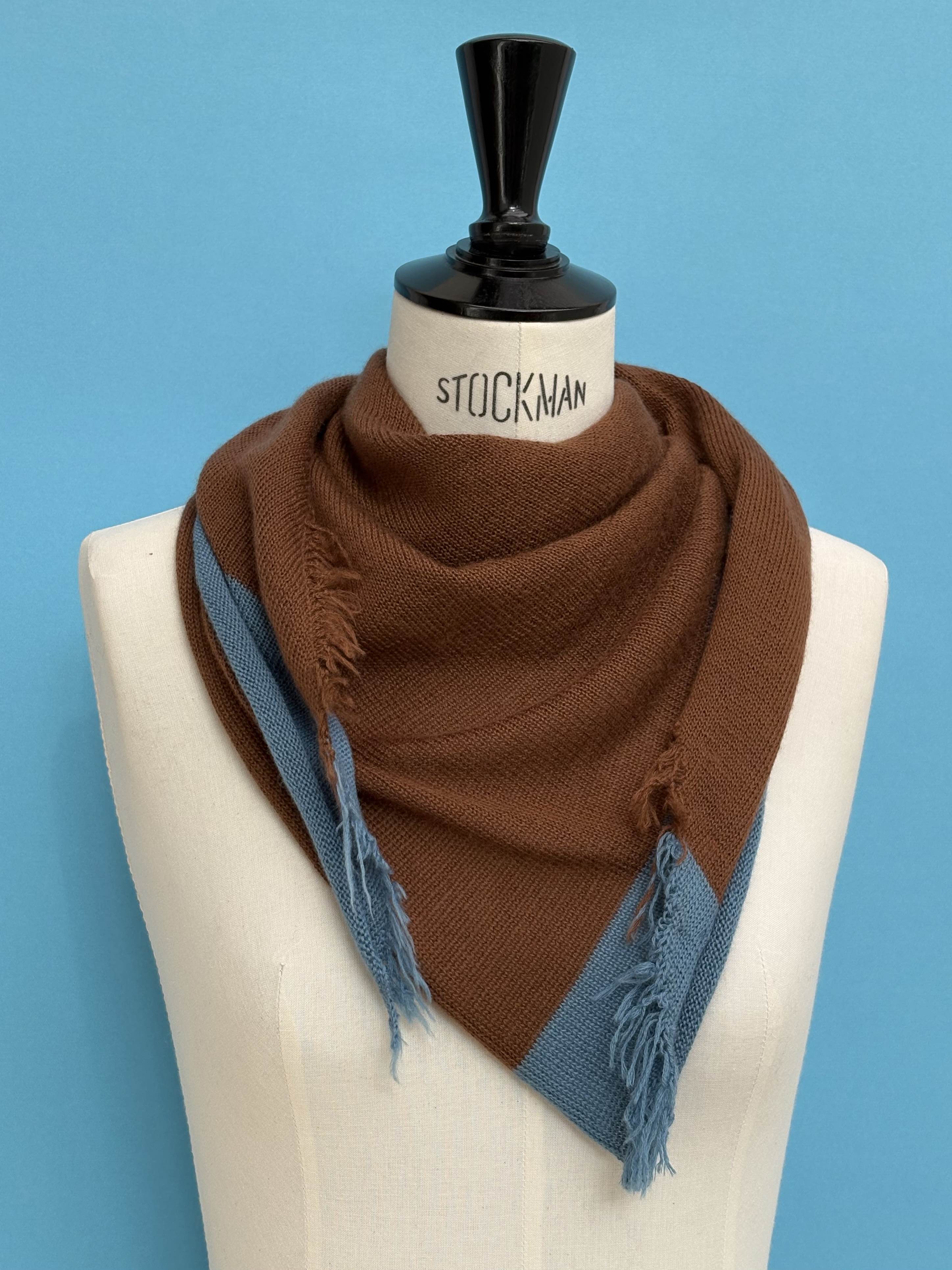 Foulard écharpe cachemire peigné marron chocolat / bleu ardoise - Image 2